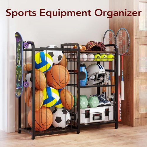 Homsorout Sports Equipment Organizer - Large Capacity Ball Storage with Hooks & Baskets