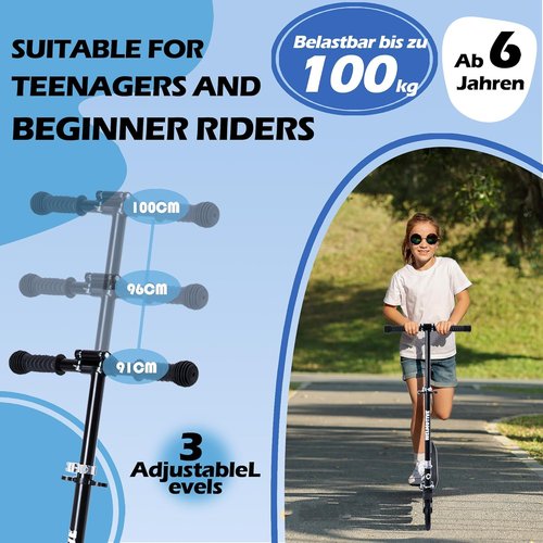 Kick Scooter - Adjustable Handlebars & Rear Brake | Big Wheel Foldable for Kids 6+ & Teens