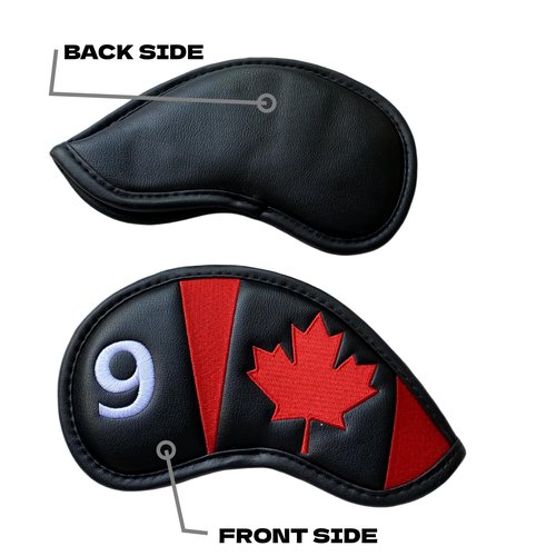 NEwoilkwo Canadian Flag Golf Iron Head Covers Headcovers Set Black Synthetic Leather Golf Iron Covers for Golf Clubs | 10Pack #4-9 Iron Covers, Aw, Sw, Pw, Xw Wedge Covers