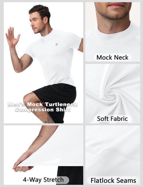 Roadbox Men's Compression Shirt, Mock Turtleneck Short Sleeve Athletic Undershirt, Quick Dry Base Layer Top for Gym Workout White
