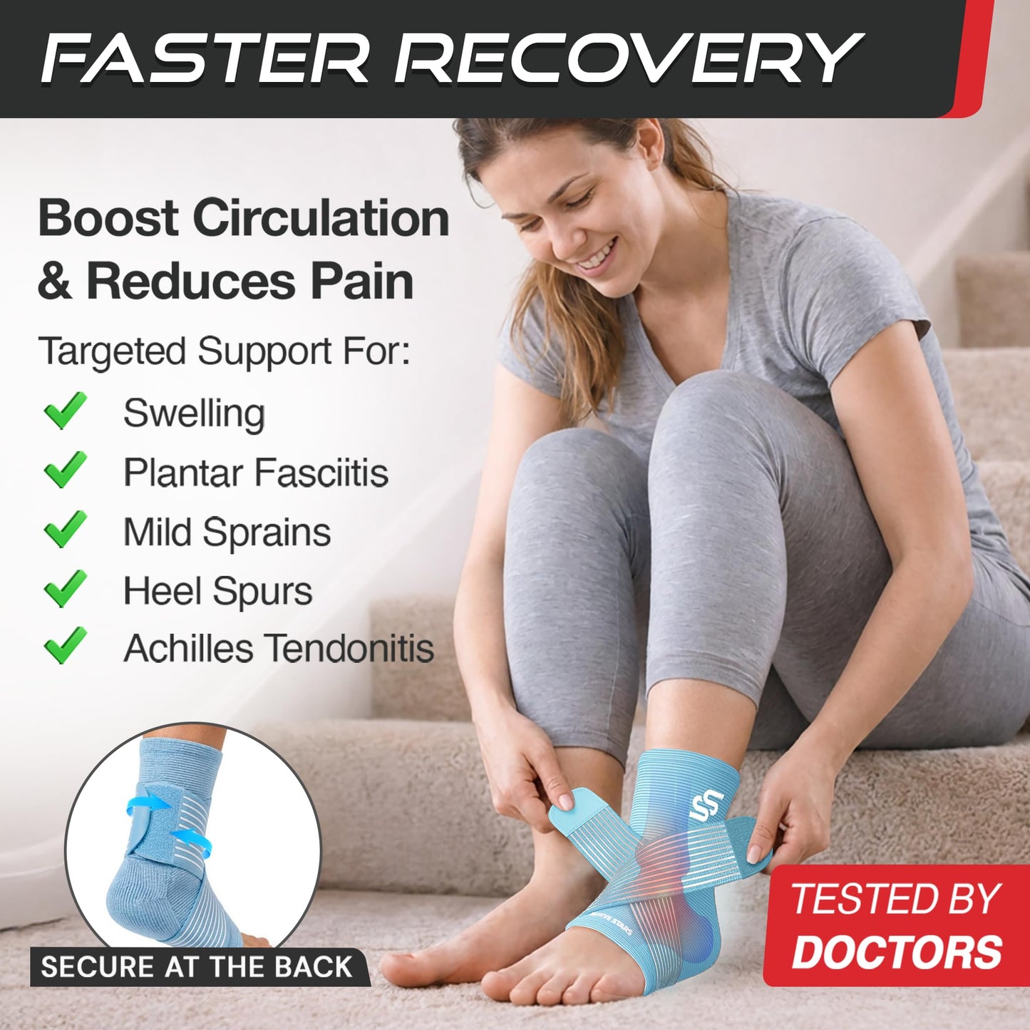 Sleeve Stars Ankle Brace for Women & Men, Ankle Wrap for Sprain, Compression Sleeve for Plantar Fasciitis Relief, Easy Customizable Support: w/ Removable Strap (Pair/M:10"-12"/Light Blue)