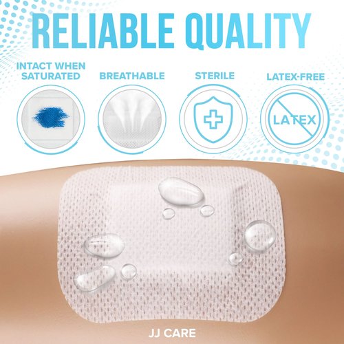 JJ CARE Waterproof Adhesive Island Dressing [Pack of 25], 6” x 6” Sterile Bordered Gauze, Breathable Island Wound Dressing, Individually Wrapped Adhesive Gauze Bandages with Non-Stick Central Pad