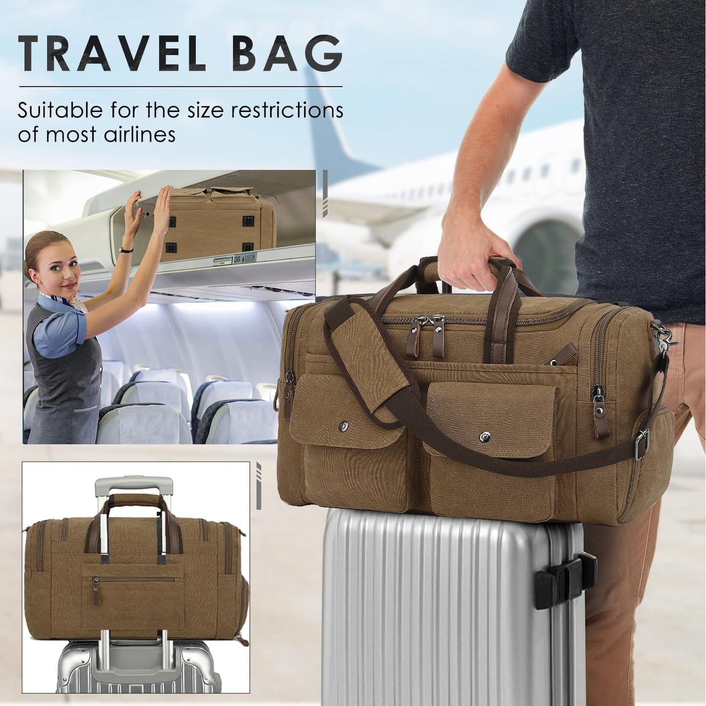 Koolehaoda Duffle Bag for Travel, 50L Canvas Travel Duffel Bags Overnight Weekend Gym Carry On Luggage Bag with Shoes Compartment Travel Bag for Men & Women (204-Coffee)
