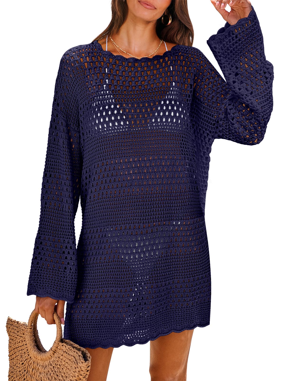 ANRABESS Women Swimsuit Crochet Swim Cover Up 2026 Summer Bathing Suit Swimwear Mesh Knit Beach Dress Vacation Outfits Navy Blue Small
