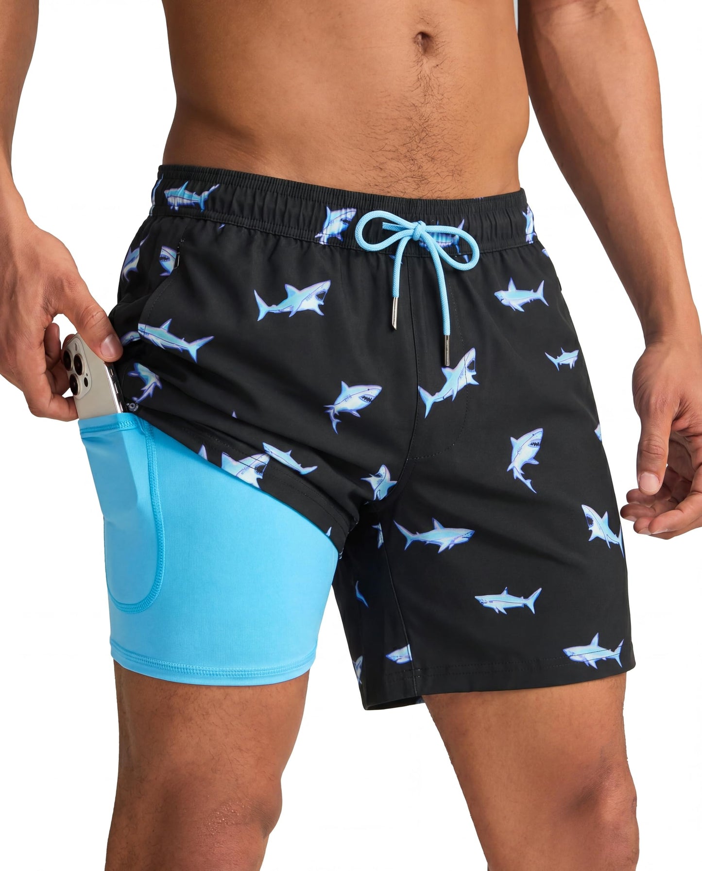 maamgic Mens Swim Trunks with Compression Liner 5 Inch, Quick Dry Bathing Suit with Zipper Pockets, Stretch No-Chafing Swim Shorts, Blue Shark X-Small