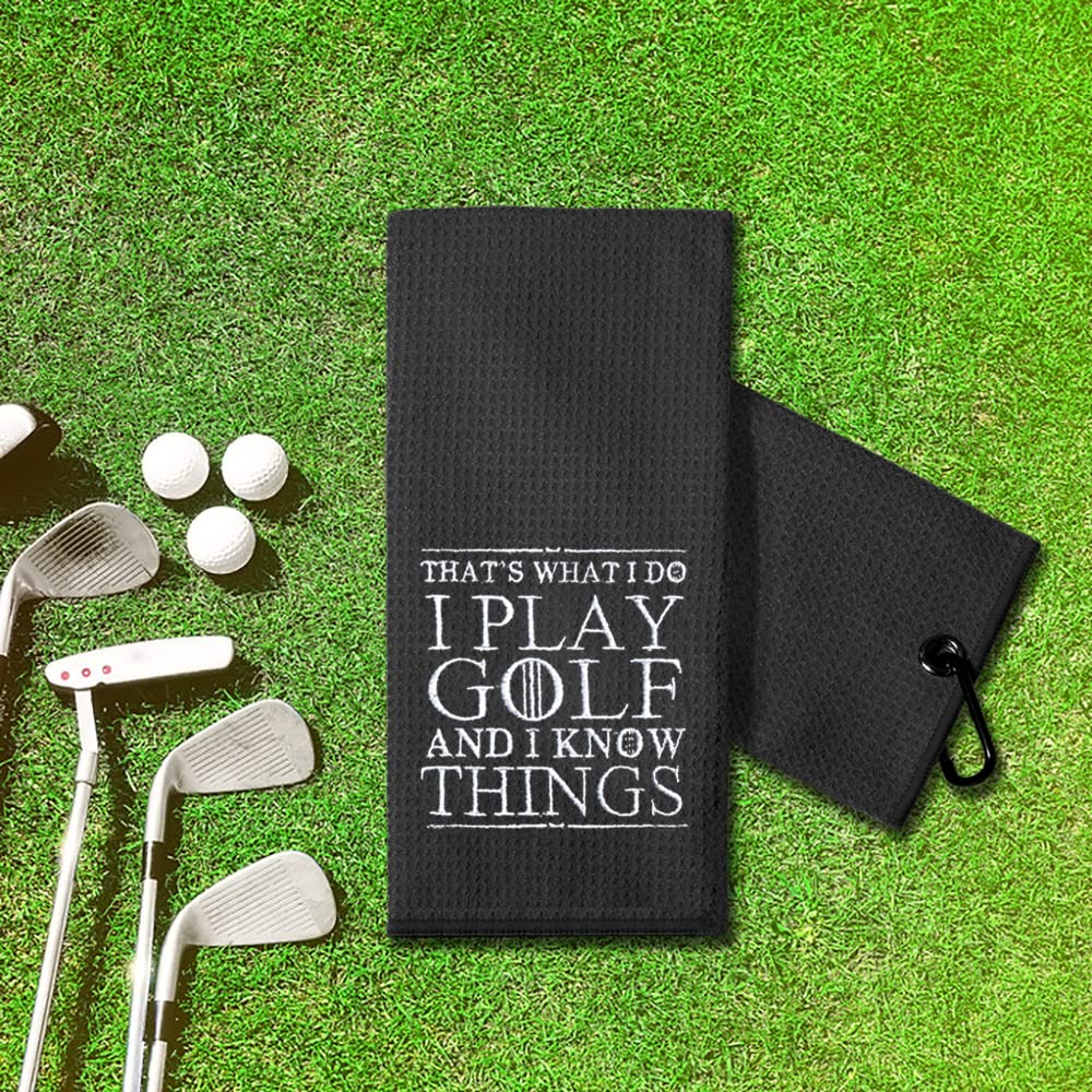 TOUNER That's What I Do I Play Golf and I Know Things Golf Towels Embroidered, Funny Golfing Bag Towel Gifts for Men Women Golfer, Retirement Birthday Gifts for Women Men Dad Husband