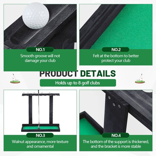 Blosssound Golf Putter Stand for 8 Clubs & 12 Balls Wooden Golf Club Holder Golfs Rack Display Organizer Storage with Artificial Grass Mat for Sports Indoor Home Garage Accessories(Black)