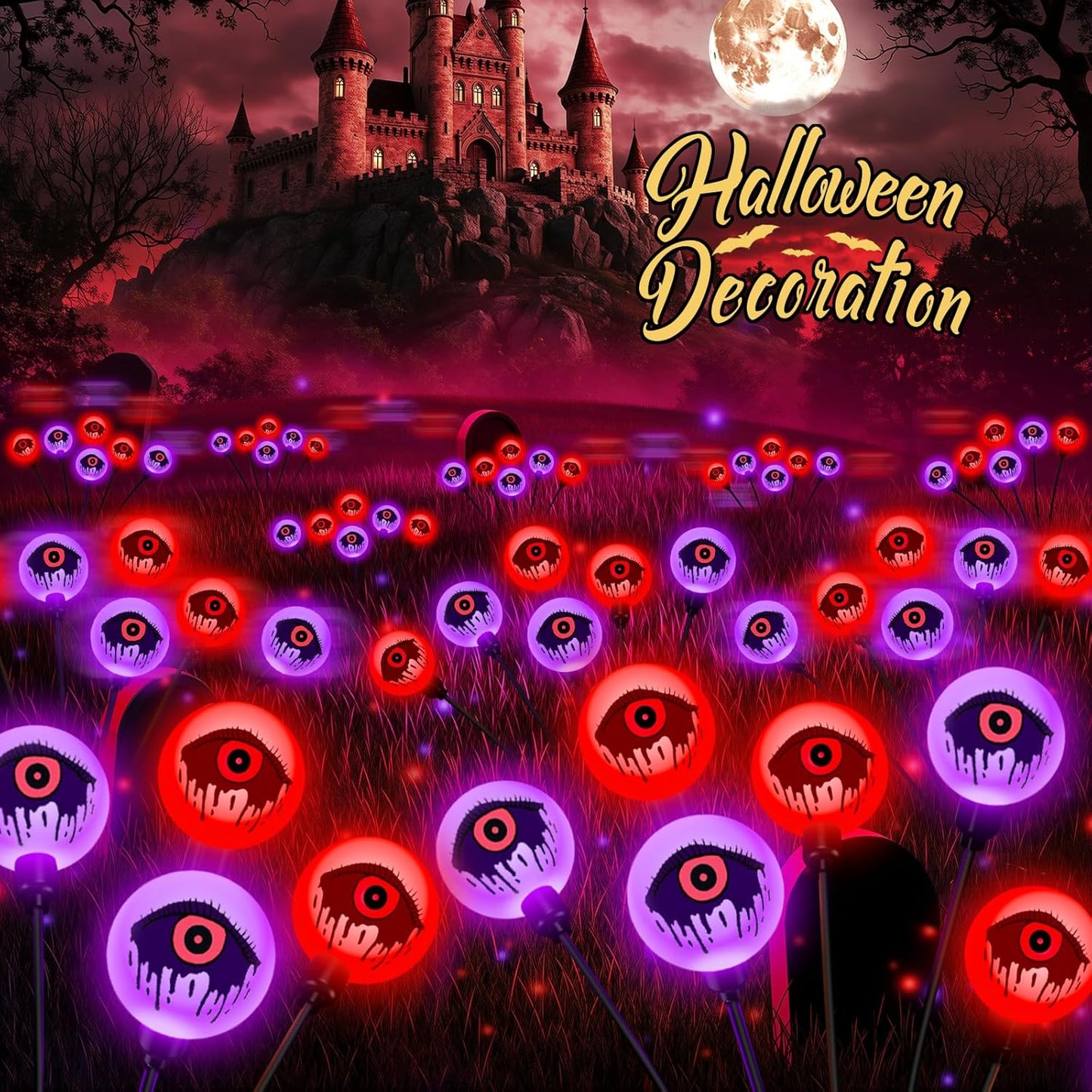 Solar Halloween Lights - 6 Pack 36 LEDs Purple & Orange Waterproof Eyeballs for Outdoor Yard Decor
