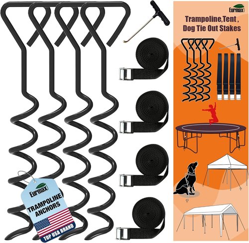 EURMAX USA Windproof Trampoline Anchor Kit - Heavy-Duty 4-Piece Steel Corkscrew with T-Hook & Safety Straps