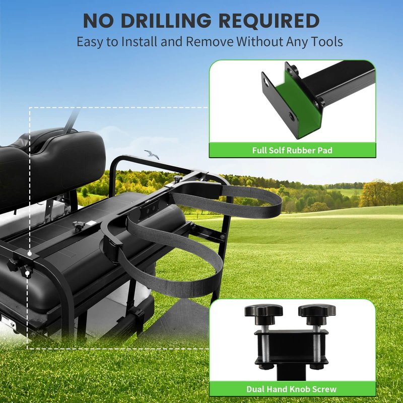 LEAPGOMAX No Drilling Golf Cart Bag Holder Fit for 2+2 Golf Cart Rear Seat with 1 Inch Square Tube, Universal Golf Cart Rear Seat Bag Holder Attachment Adjustable for EZGO Club Car Yamaha Golf Carts