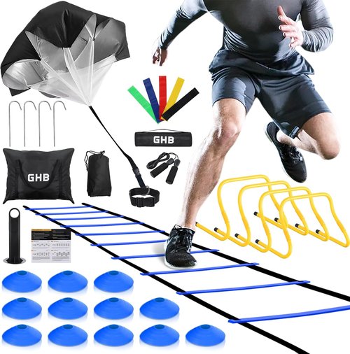 GHB Agility Ladder - Complete Football Training Set with 4 Hurdles, 20ft Ladder, 12 Cones & More