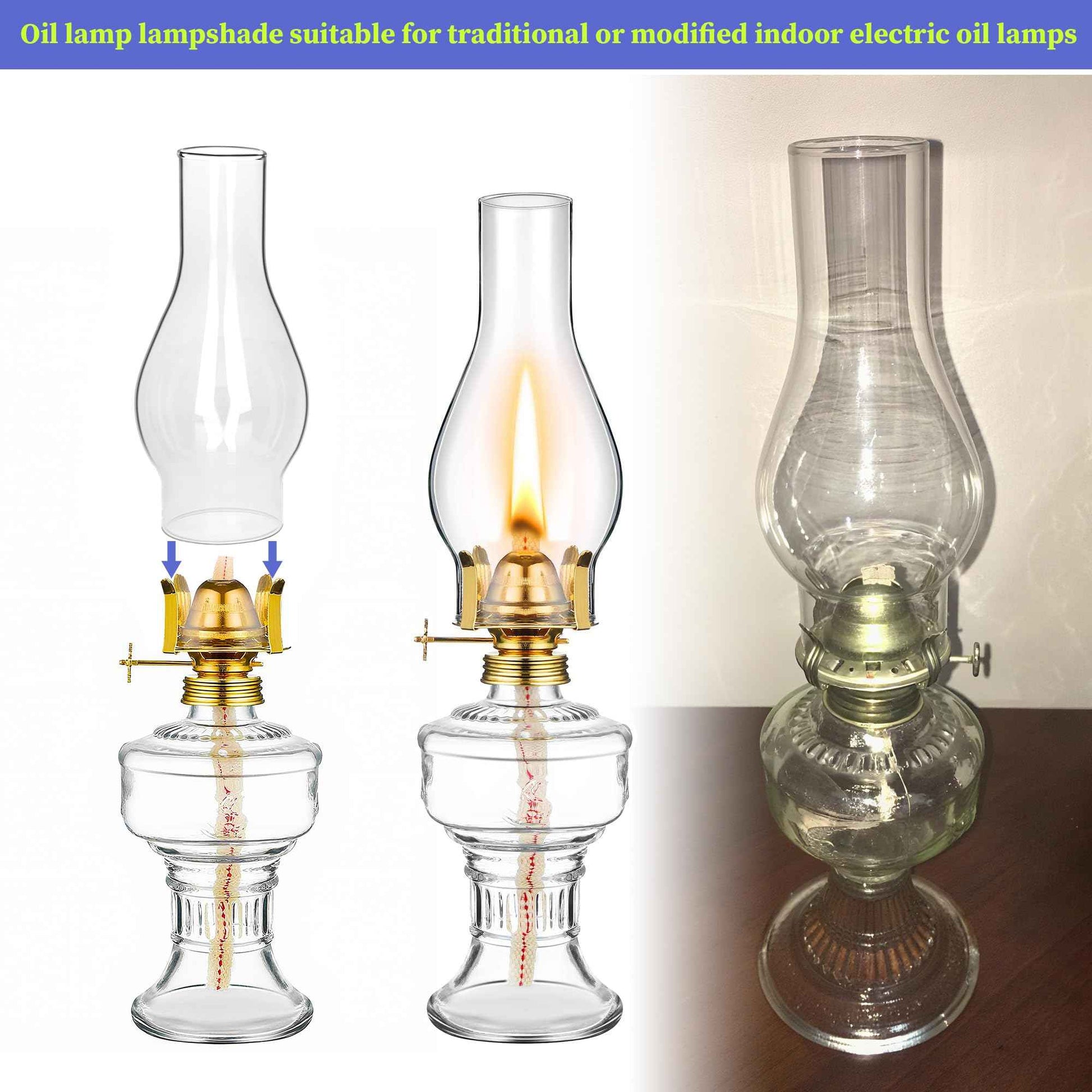 Oil Lamp Chimney Replacement – 2 1/8 Inch Base x 6.5 Inch Height Clear Glass Globe for Vintage Kerosene Lamps, Hurricane Lamp Shade & Parts（2 Pack）