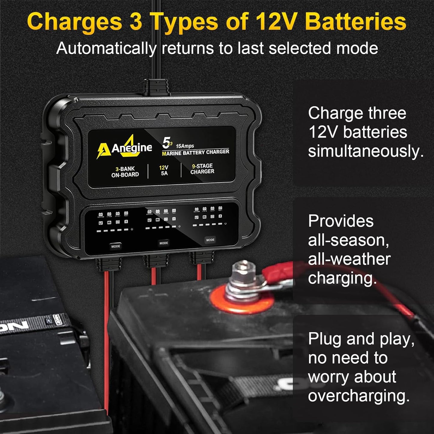 3 Bank Marine Battery Charger - 12V IP68 Waterproof LCD Onboard Charger with Overcharge Protection & Temperature Compensation for Lead-Acid, AGM, EFB, LiFePO4, Lithium | Ideal for Boat, Car, RV