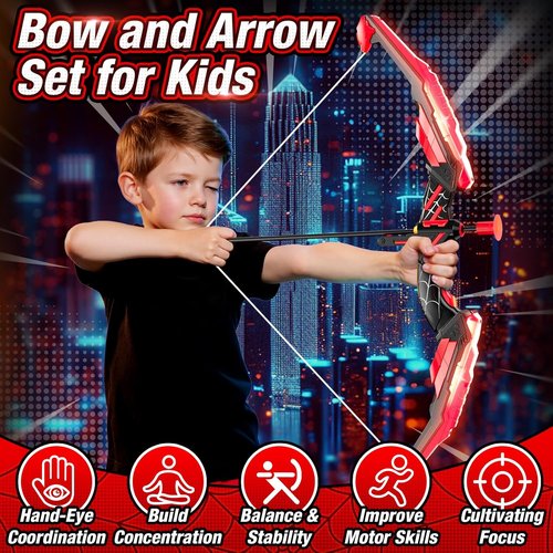 HYES Kids Bow and Arrow Set - LED Light-Up Archery with 12 Suction Cup Arrows & Targets | Indoor/Outdoor Fun for Ages 4-12