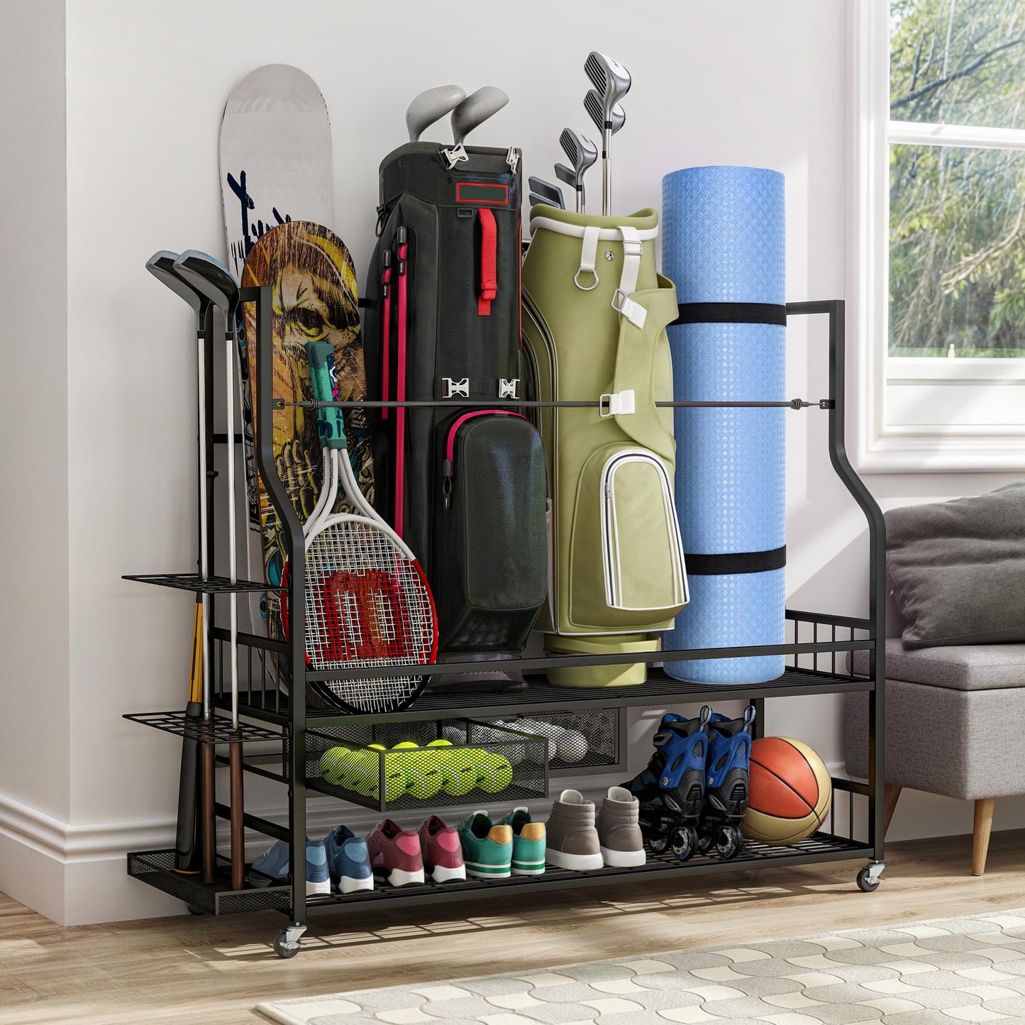 YITAHOME Golf Bag Storage Rack with Wheels, 4 Golf Bag Organizer for Garage, Club, and Shed, Features Drawer for Golf Bags, Clubs, Balls, and Other Sport Equipment