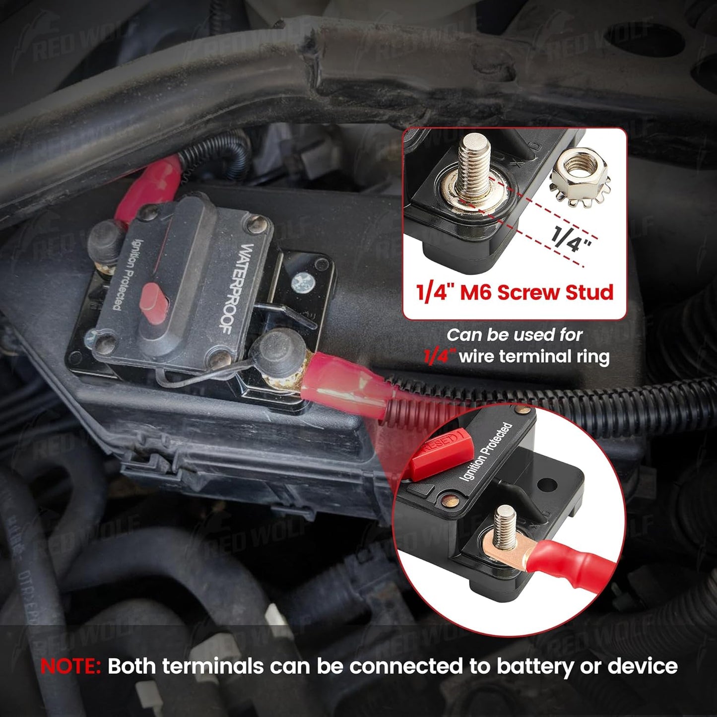 RED WOLF Waterproof 100Amp Circuit Breaker - Manual Reset Switch for Marine & ATV Battery Systems 12V-48V DC