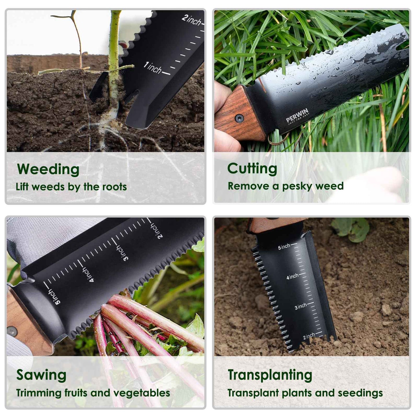 PERWIN Hori Hori Garden Knife, Garden Tools with Sheath, 6" Stainless Steel Blade with Cutting Edge, Full-Tang Walnut Ergonomic Wood Handle with Hanging Hole, Weeding, Planting, Digging…