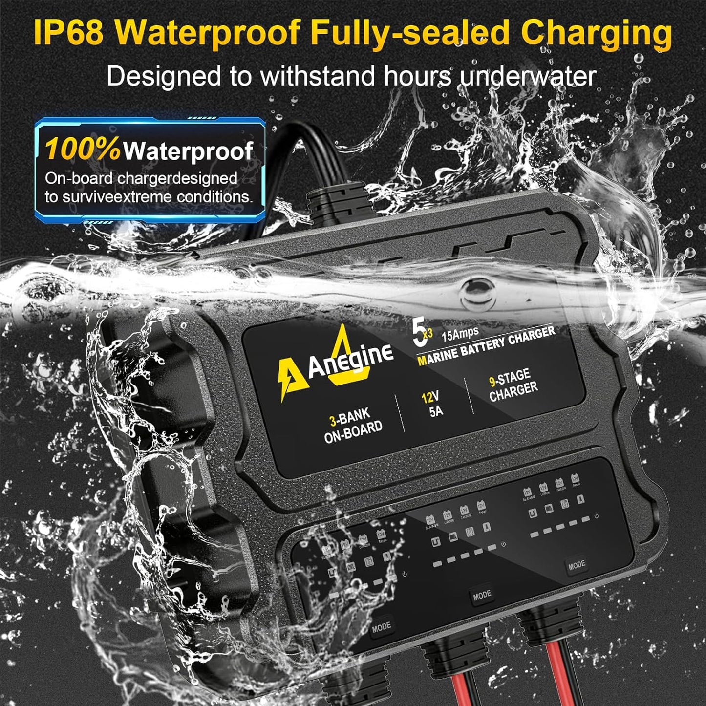 3 Bank Marine Battery Charger - 12V IP68 Waterproof LCD Onboard Charger with Overcharge Protection & Temperature Compensation for Lead-Acid, AGM, EFB, LiFePO4, Lithium | Ideal for Boat, Car, RV