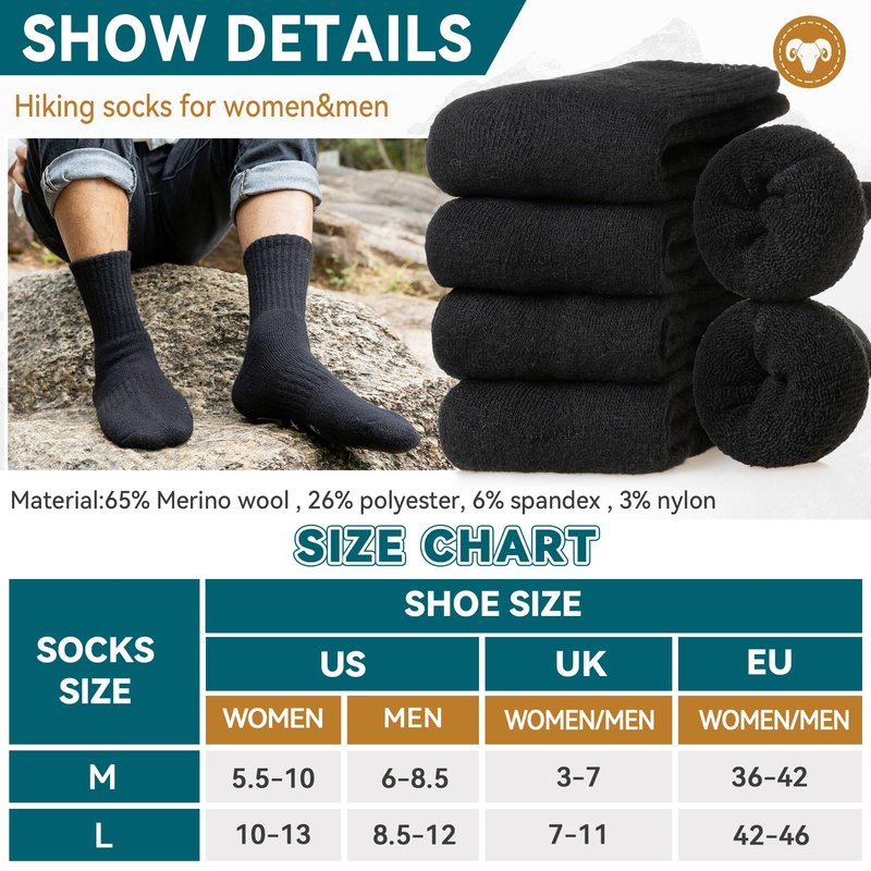 Eocom Merino Wool Hiking Socks for Women & Men Thermal Winter Warm Thick Cushion Crew Work Boot Socks 5 Pairs(5 Pairs Black, Medium)