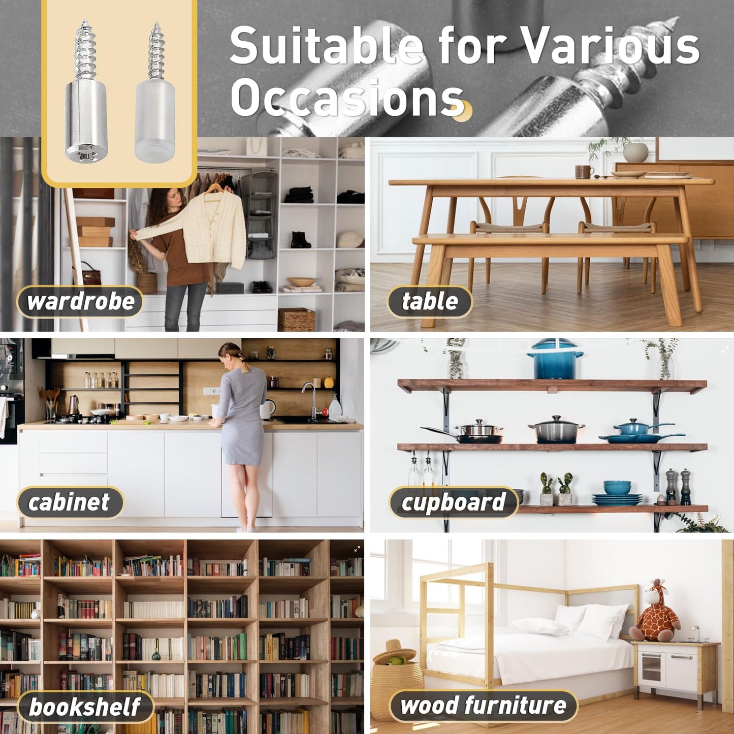 70 Pcs Self Tapping Screws Cabinet Laminate Support, Shelf Pins with Non-Slip Sleeve, Cabinet Shelf Pegs for Kitchen Utensils, Bookcases and Wardrobes, Fixed Support Self - Tapping Cross Screw