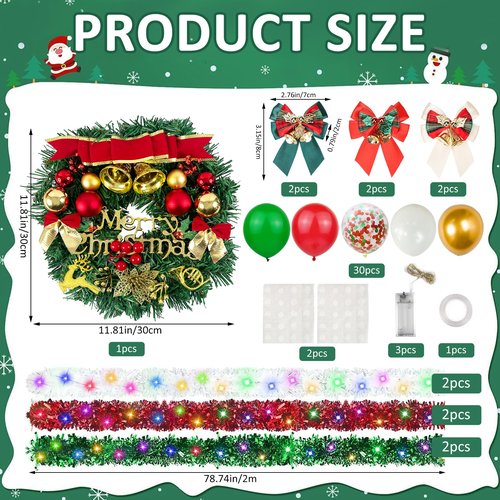 LAIAMER 48Pcs Christmas Golf Cart Decoration Kit, Parade Golf Cart Christmas Decoration Kit - Lights String/Xmas Wreath/Bow/Red Green White Tinsel Garland/Balloons with Glue for Xmas Carts Decor