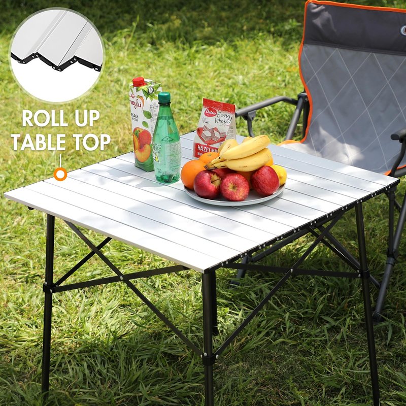 Portal Lightweight Aluminum Folding Square Table Roll Up Top 4 People Compact Table with Carry Bag for Camping, Picnic, Backyards, BBQ, Silver