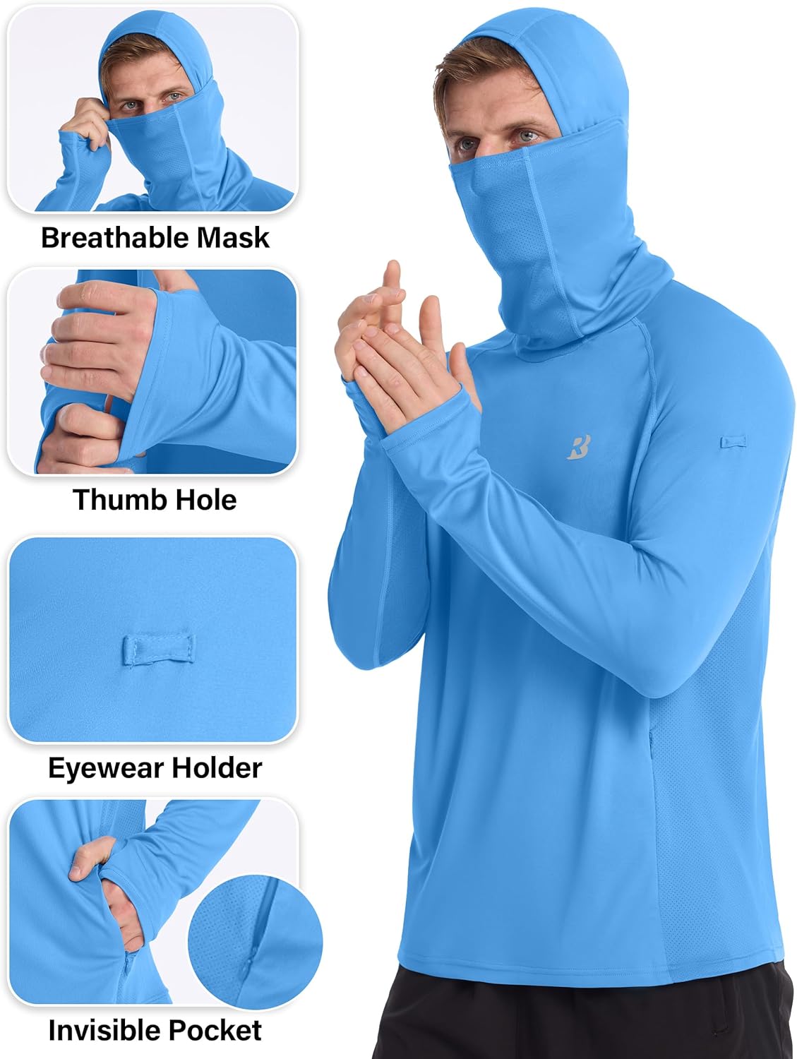 Roadbox UPF 50+ Sun Protection Hoodie - Lightweight Long Sleeve Fishing Shirt with Mask for Hiking & Running