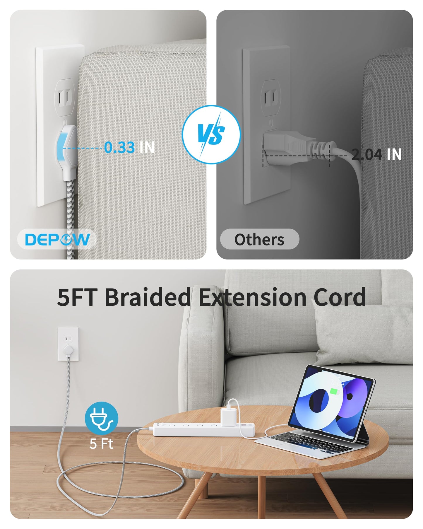DEPOW 2 Prong Power Strip, 2 to 3 Prong Outlet Adapter with 5 AC & 4 USB Ports (2 USB C), 5FT Braided Cord, 1700J Two Prong Surge Protector, Wall Mountable, Ideal for Old House Non-Grounded Outlets