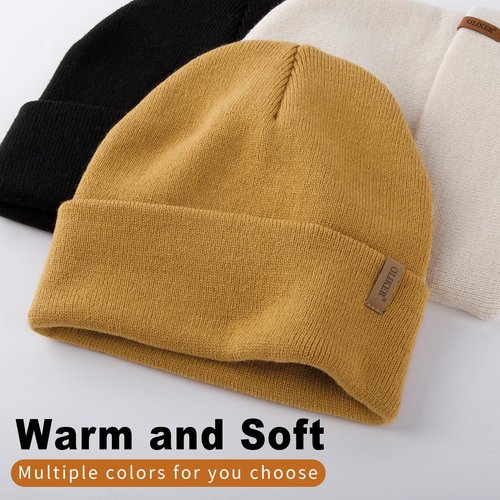 OLIKER 3 Pack Beanie for Men Women, Winter Double Layer Warm Knit Cuffed Hat Stylish Slouchy Skull Cap for Cold Weather (US, Alpha, One Size, Beige+Brown+Black)