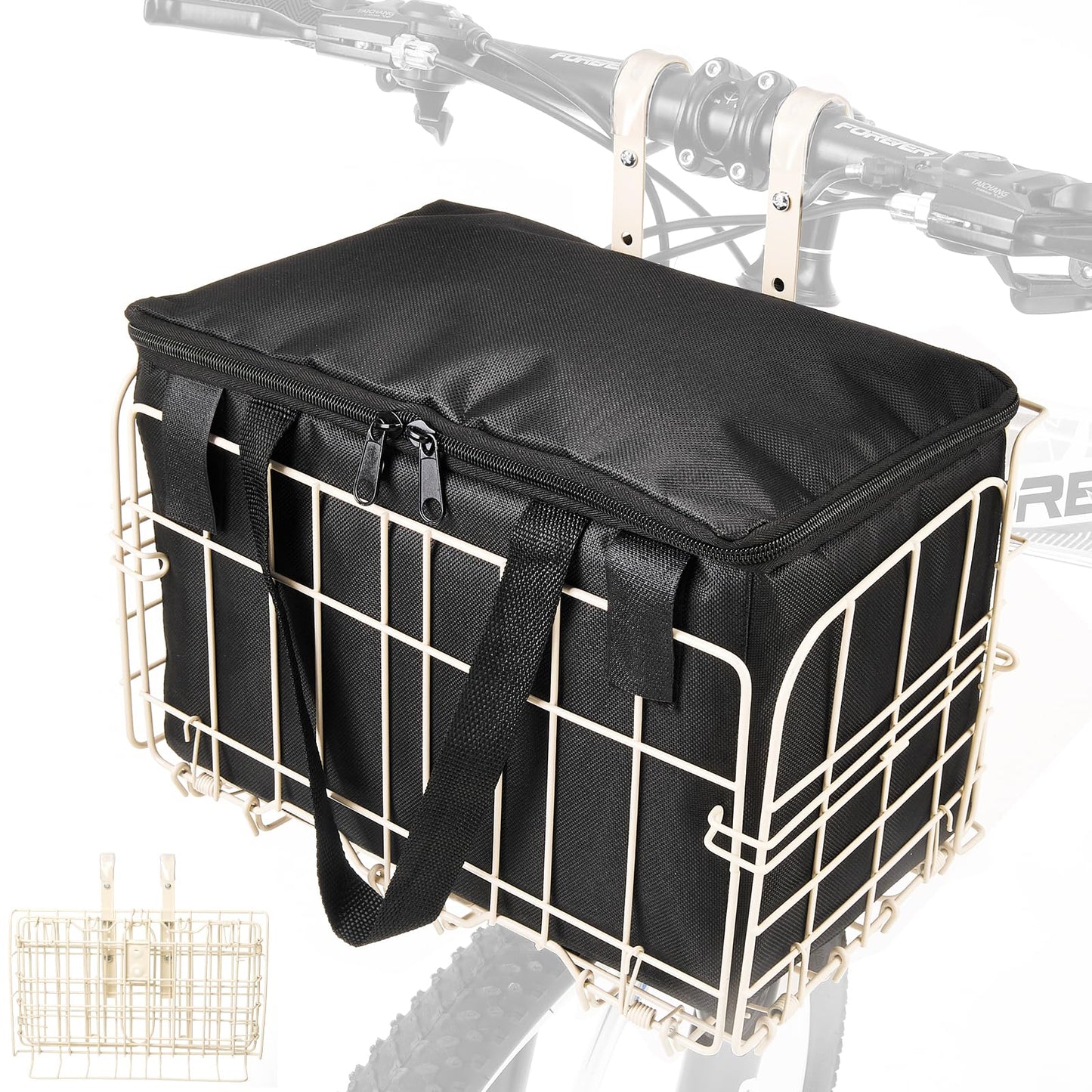 Zacro Bike Basket Front White, Folding Bicycle Basket with Removable Liner Bag, Large Quick Release Design Metal Ebike Basket for Adult Women/Men Carrying Dogs, Pets, Fruit & Grocery