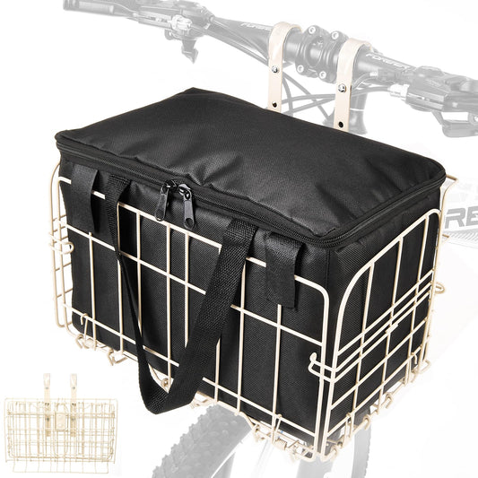 Zacro Bike Basket Front White, Folding Bicycle Basket with Removable Liner Bag, Large Quick Release Design Metal Ebike Basket for Adult Women/Men Carrying Dogs, Pets, Fruit & Grocery