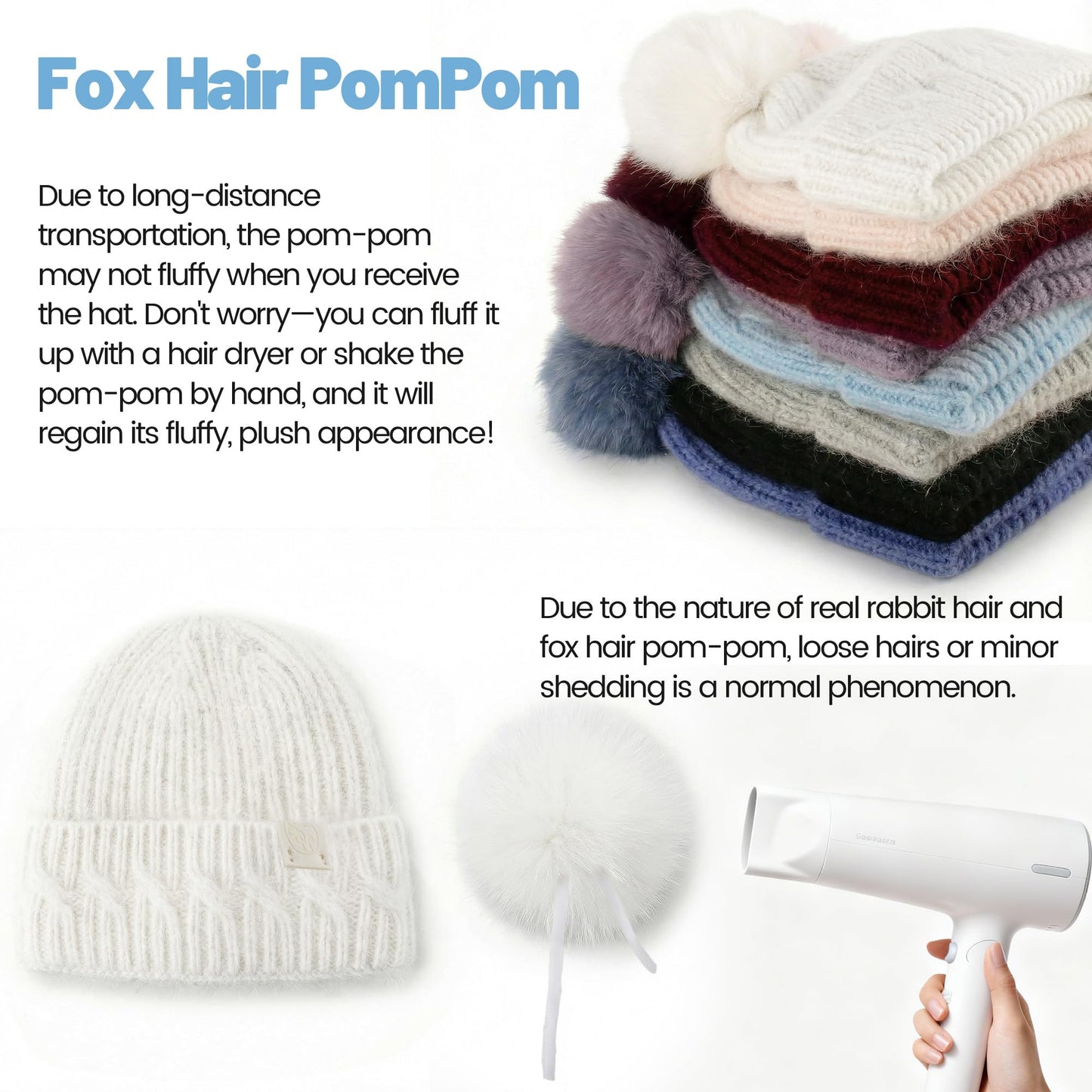 Ababalaya 100% Real Angora Rabbit Hair Knit Beanie with Real Fox Hair Pom Pom, Warm Winter Chunky Hat, Double Cuffed Cap Soft Fuzzy Knitted Skull Beanies,White