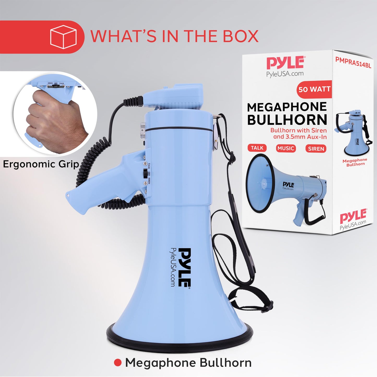 Pyle 50W Megaphone Bullhorn - Portable, Automatic Siren & Adjustable Volume, Projection Range Up to 1200 Square Yards, Aux Input, Talk, Siren, Music, Whistle, & Record, Shoulder Strap