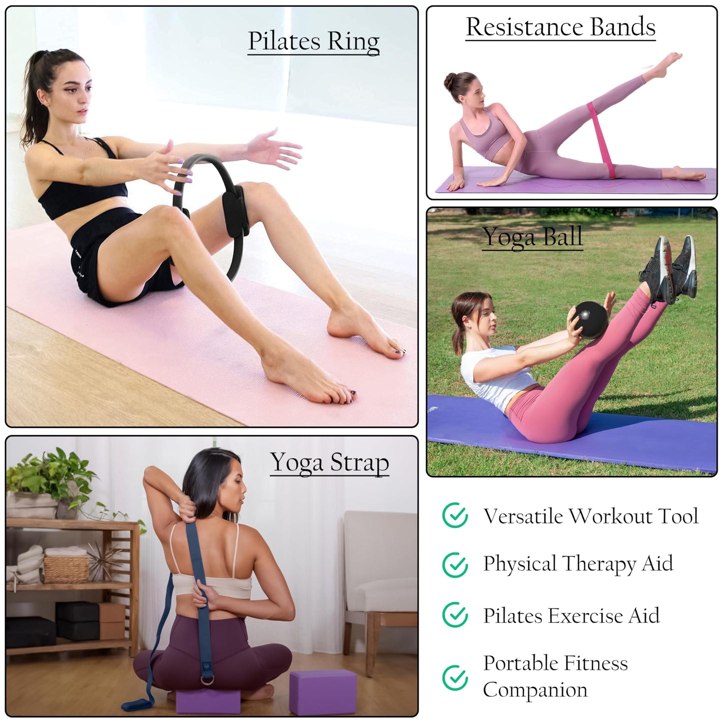 Pilates Ring Set with Bands & Mini Yoga Exercise Ball – 14″ Magic Circle with Padded Handles, 5 Resistance Bands & Stretch Strap – Home Workout Equipment for Full-Body Sculpting & Core Strength