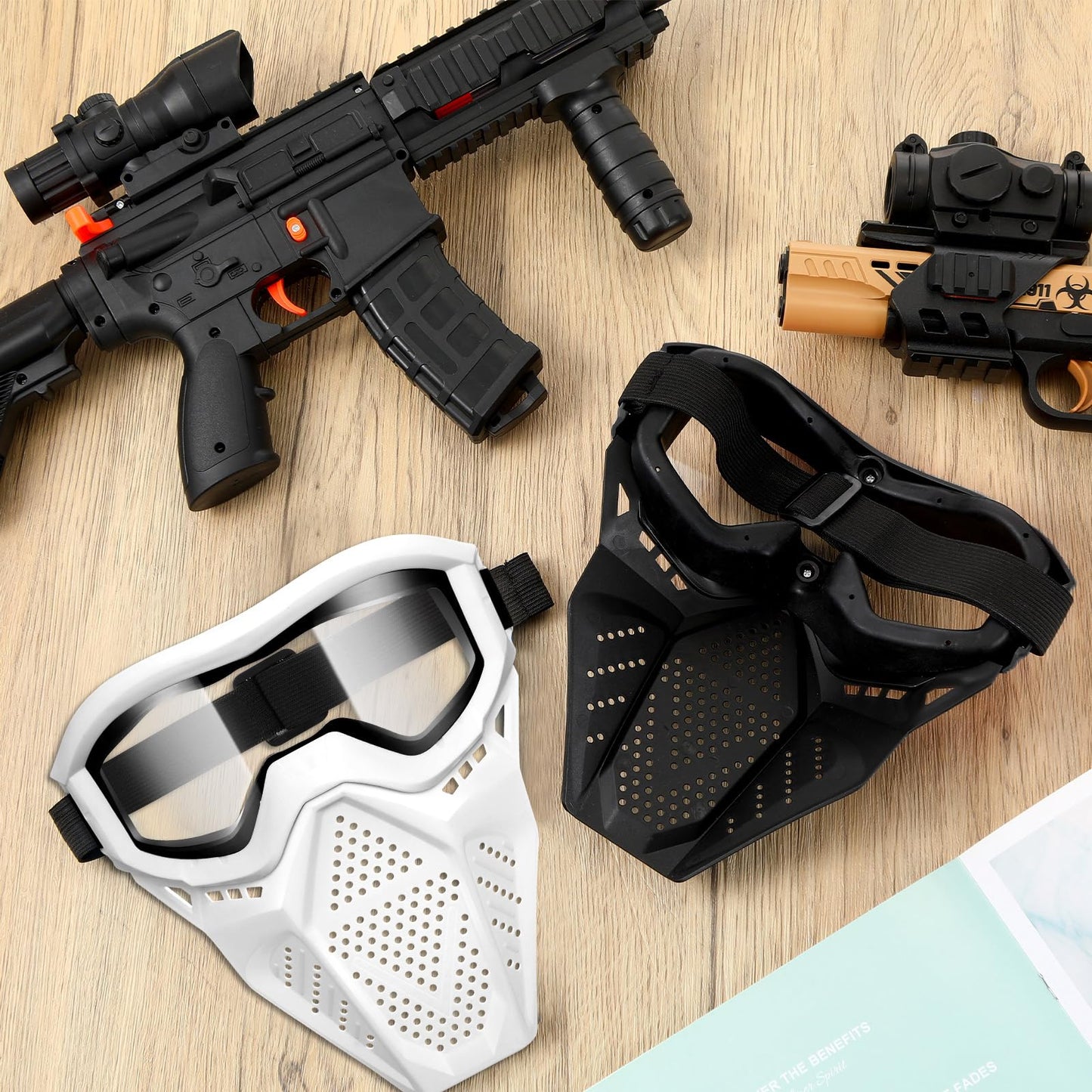 RoundFunny 8 Pack Tactical Mask for Kids with Safety Goggles to Protect Eyes, Full Mask Eye Protection for Christmas Kids Gifts CS Airsoft Shooting Game Party(Black, White)