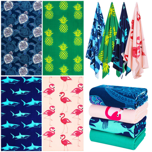 4 Packs Oversized Thin Beach Towel Set XL Extra Large Big 36 x 72 in Clearance Travel Towels Soft Swim Blanket for Adult Women Men Chair Cover Accessories Essentials Blue Shark Turtle Pink Flamingos