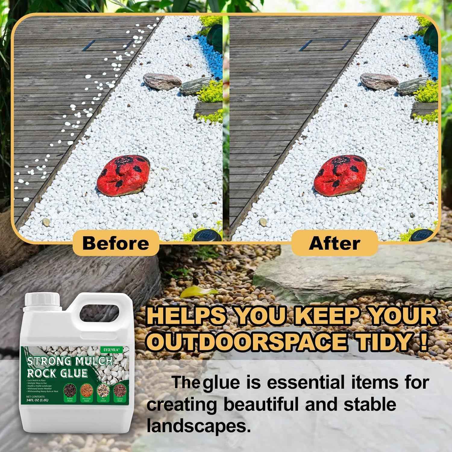 Strong Concentrate Rock Glue, Makes 42oz Weather-Resistant Mulch Glue for Indoor & Outdoor Use All Year Round, Max Clear Gravel Binder for Landscaping, Sticky Gravel Adhesive - Lockdown Rubber/Pebble