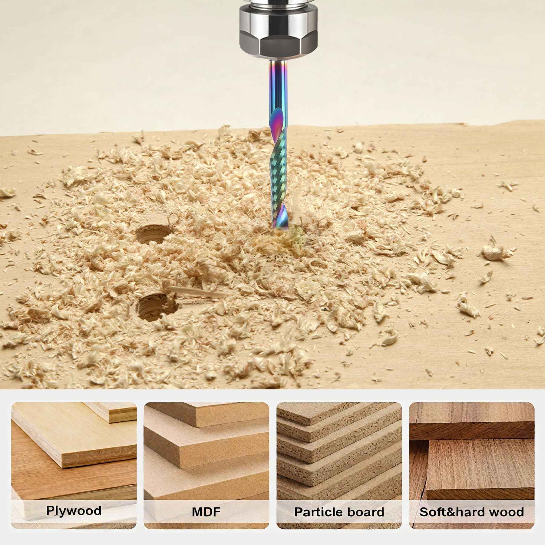 BFVV 10 pcs O Flute CNC Router Bit Set, 1/8-inch Shank Single Flute End Mill, Spiral Up-Cut Solid Carbide Milling Cutters with DLC Coating, Ideal for Aluminum, Plastic, Acrylic, Wood, MDF and PVC