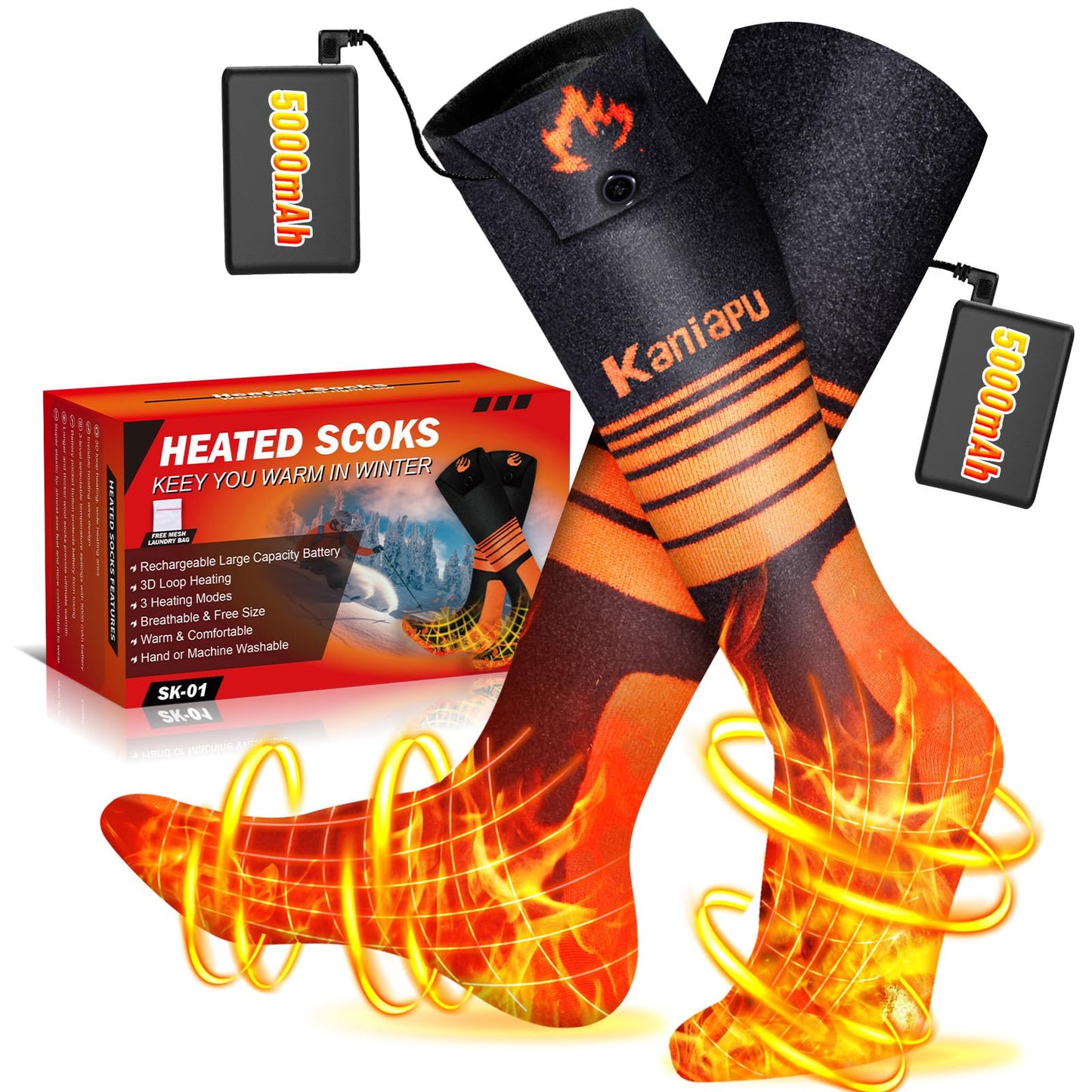 Heated Socks for Men & Women, 5000mAh Upgraded Rechargeable Heated Socks with 360° Heating, 4 Heat Settings, Battery Operated Machine Washable Foot Warmer for Hunting Hiking Ski Camping