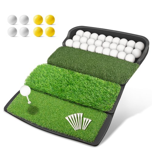 Golfguru Golf Mat, Foldable 4-in-1 Practice Mat with Ball Tray, 8 Golf Balls, 9 Tees, Rubber Tee, Indoor/Outdoor Training