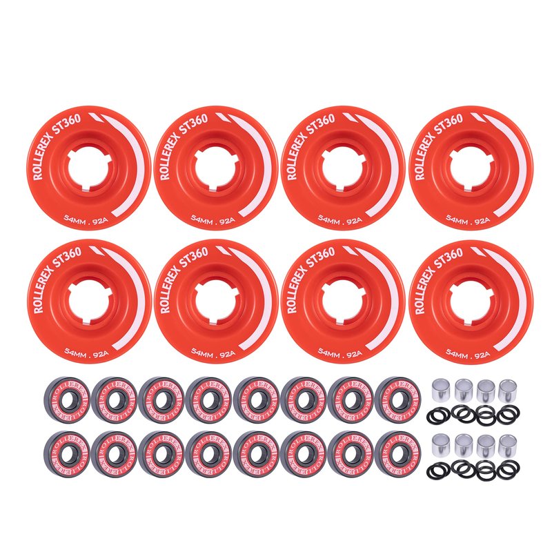Rollerex ST360 92A 54mm x 32mm Roller Skate Wheels (8-Pack w/Bearings, Spacers and Washers) (Color Options) - Indoor Outdoor - Use for Quad Skate Wheel Replacement (Rocket Red)
