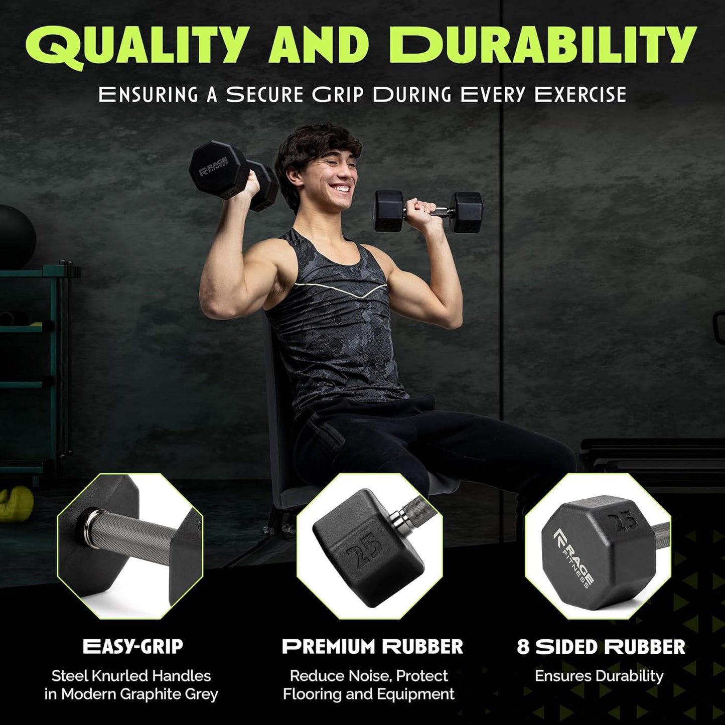 Rubber Coated Dumbbells - No Roll Design with Easy-Grip Steel Handle | Ideal for Home Gym - 10-60 LBS Available Individually