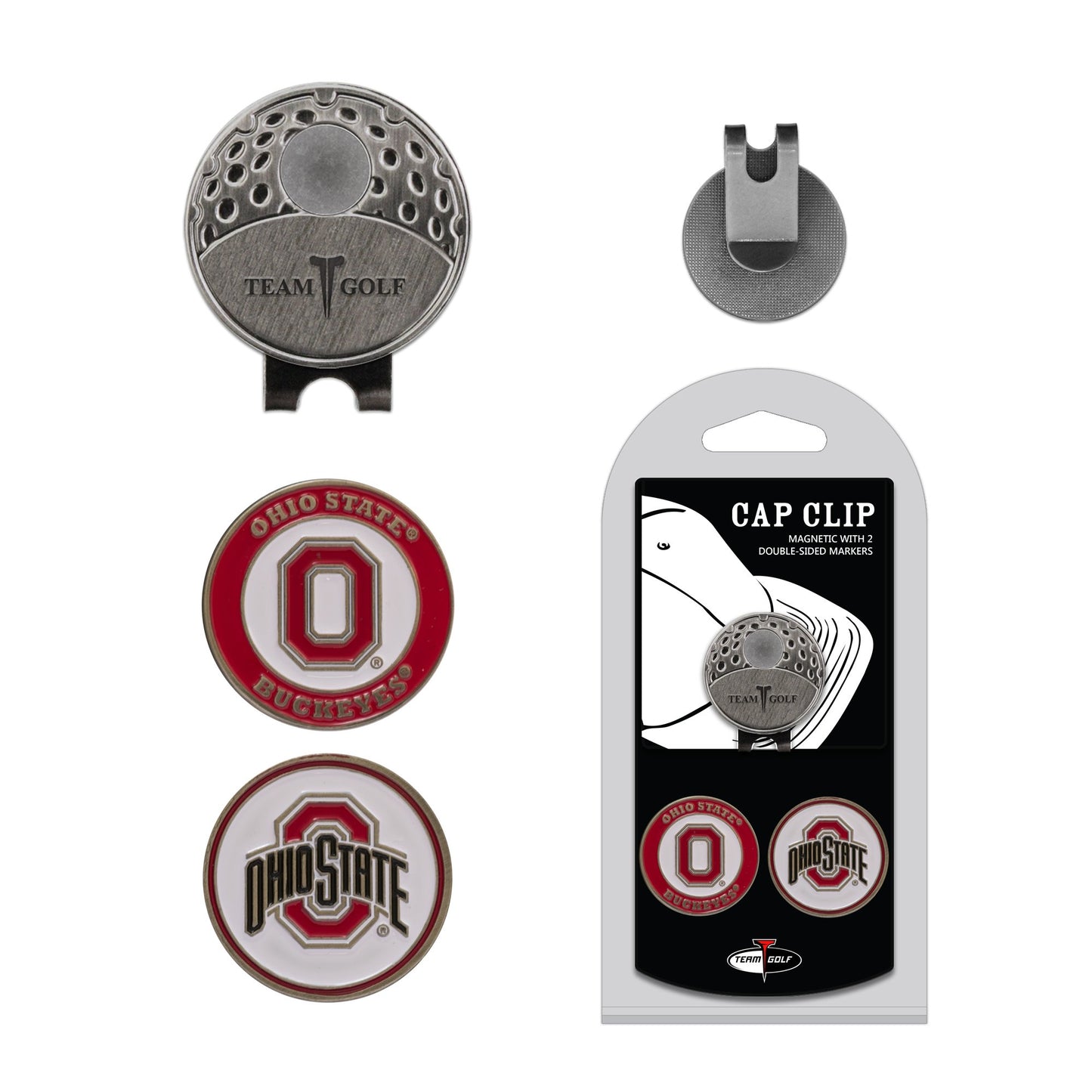Team Golf NCAA Ohio State Buckeyes Cap Clip With 2 Golf Ball Markers Golf Cap Clip with 2 Removable Double-Sided Enamel Magnetic Ball Markers, Attaches Easily to Hats