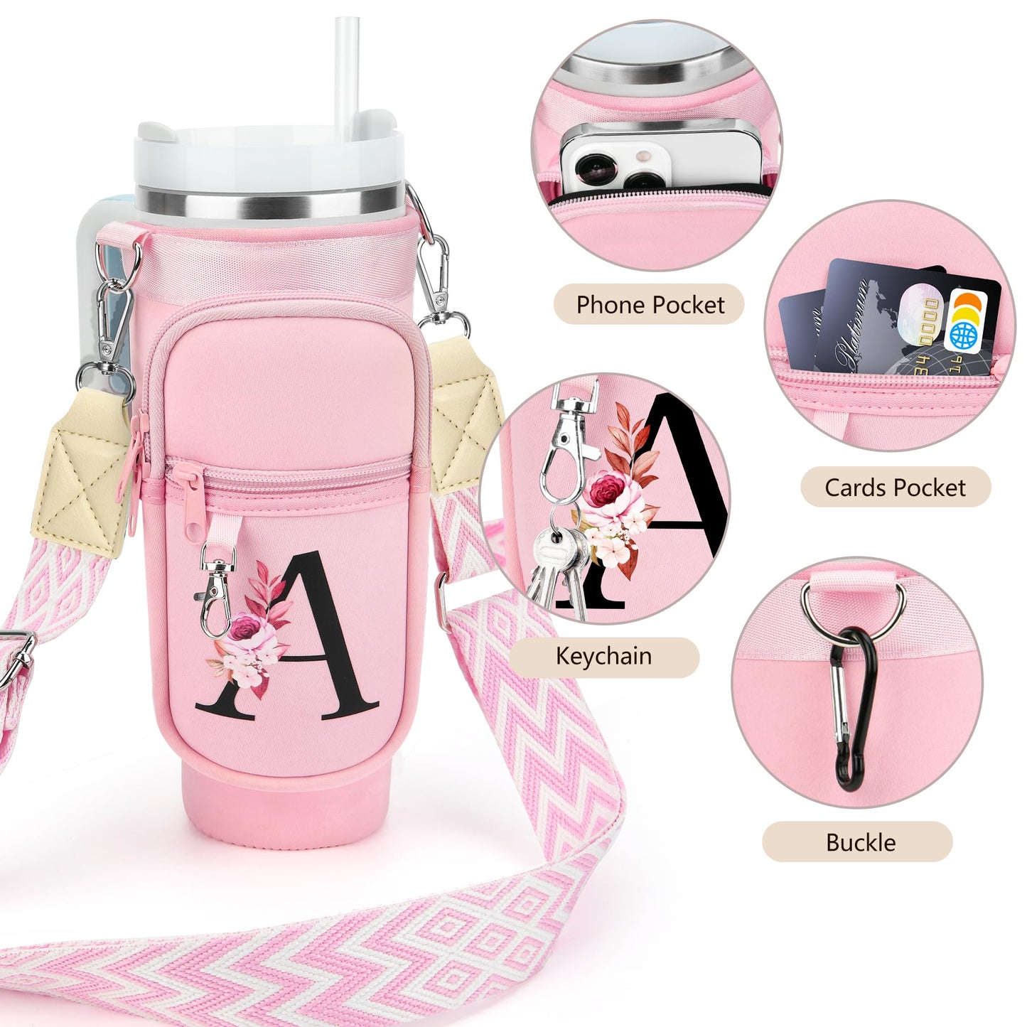 LOKASS Personalized for Stanley Cup Accessories 30oz, Initial Stanley Cup Holder with Strap, Cup Carrier Bag Water Bottle Holder with Phone Pocket Gifts for Women,Girls,Travel,Walking,Work