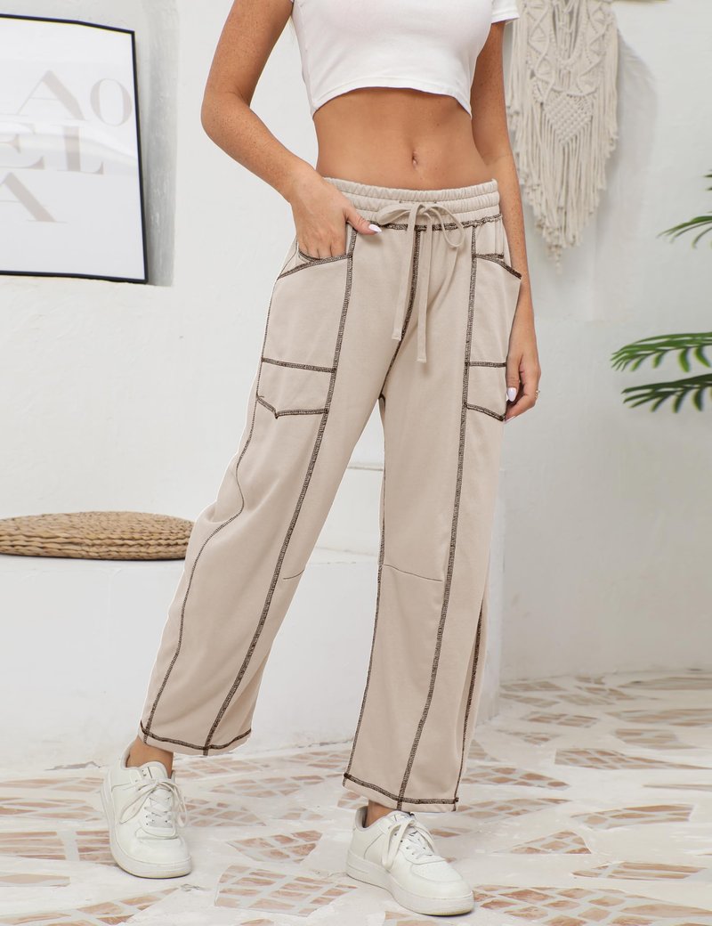 Athlisan Womens Baggy Barrel Pants Wide Leg Lounge Drawstring Sweatpants with Pockets(Khaki-M)