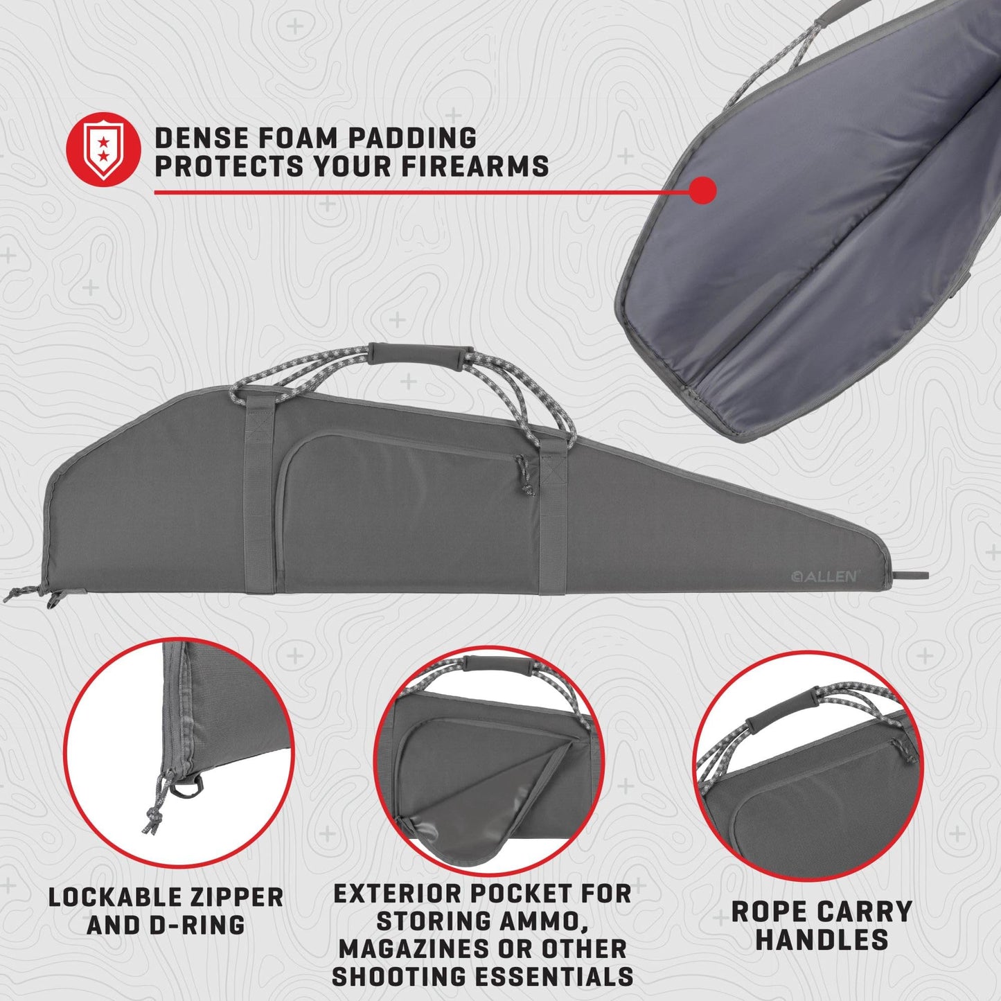 Allen Company Rollins Gun Case – 46" Rifle Lockable Soft Gun Case with Dense Foam Padding, Exterior Gear Pocket, Padded Carry Handle, Gray