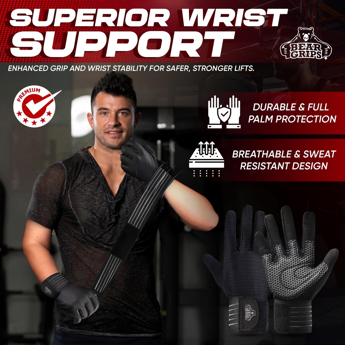 Bear Grips Weight Lifting Armor Gloves for Men & Women | Full Finger Lifting Armor & Workout Gloves (Black-Full Finger, Large)