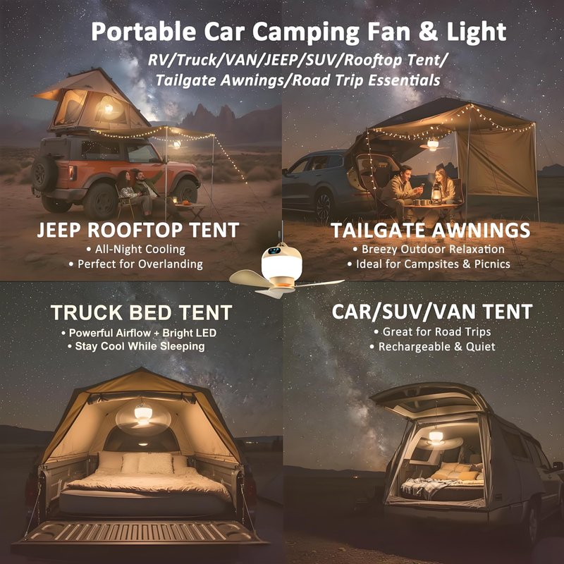 Negxi Camping Fan with Light & Remote, Portable Ceiling Fan for Tents, Canopy, Beach, RV, Car, Camper & Outdoor, Wireless Rechargeable Hanging Pop up Tent Fan - 3 Speed Breeze & Timer, 10.63 Inch