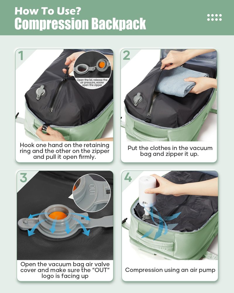 Vacuum Travel Backpack with Vacuum System Air Vacpack Vacuum Seal Compression Backpack with Air Pump Flight Approved Carry on Compression Daypack Space Saver Bags Personal Item Bags Matcha Green