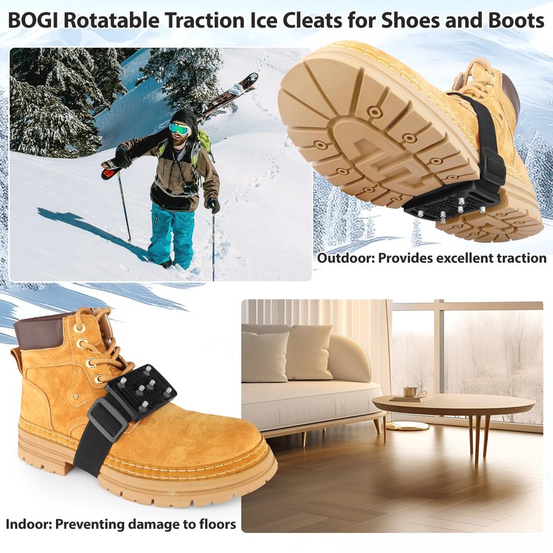 BOGI Ice Cleats Crampons, Rotatable Traction Ice Cleats for Shoes and Boots with Tungsten Studs Ice Grippers for Shoes with Adjustable Straps for Men Women in Winter Indoor/Outdoor